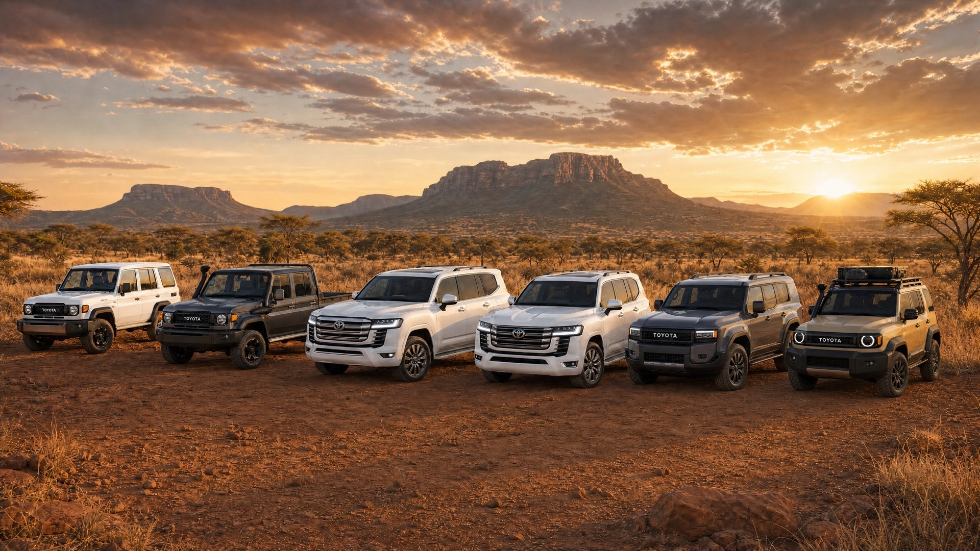 The Toyota Land Cruiser range lined up at sunset in the African bush